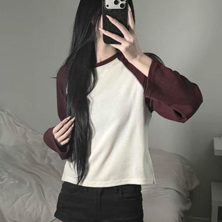 Waffle Knit Color Block Slim Fit Round Neck Long Sleeve T-shirt