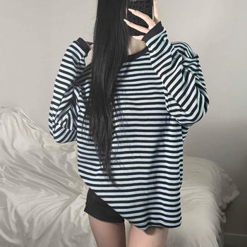Waffle Color Block Stripe Round Neck Oversized Long Sleeve T-shirt