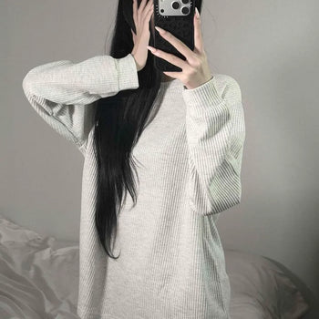 Waffle Round Neck Oversized Long-Sleeve Inner T-Shirt