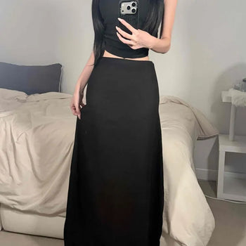 Brushed Fleece Stretch Spandex Back Elastic High-Waisted A-Line Maxi Long Skirt