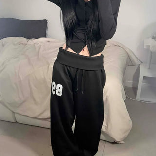Folding Turn-Up Waist Drawstring Loose Fit Wide Sweatpants