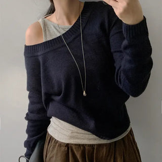 Fria Egenyeo Layered Off-Shoulder Knit Wool Acrylic U-Neck Knit Transitional Season Knit Autumn Knit Body Cover Recommended for Straight Body Types