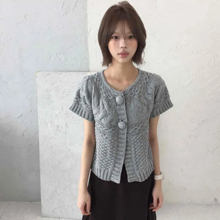 *Vintage, Recommended for Layering!* Cable Knit Pom-Pom Short Sleeve Cardigan