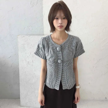 *Vintage, Recommended for Layering!* Cable Knit Pom-Pom Short Sleeve Cardigan