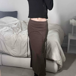 Rayon Drape Wrap Asymmetrical Shirred Elastic Low-Rise H-Line Long Skirt