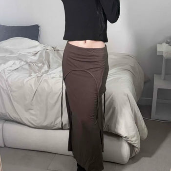 Rayon Drape Wrap Asymmetrical Shirred Elastic Low-Rise H-Line Long Skirt