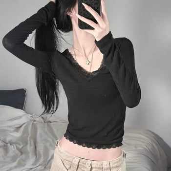 Lace V-Neck Layered Crop Slim Fit Long Sleeve T-Shirt