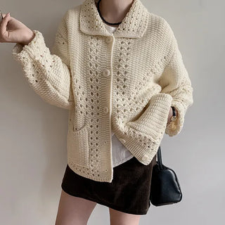 Marron punched collar cardigan, vintage crochet long-sleeve cardigan, long-sleeve knit, outerwear, autumn