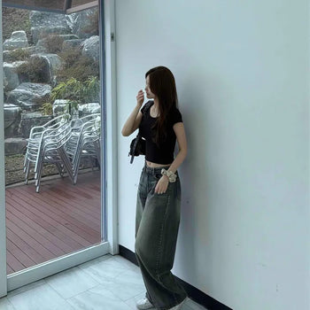 Loose Fit Vintage Washed Brushed Low-Rise Wide Jeans