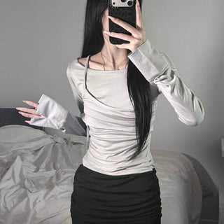 Twisted Cable Knit Wrap Shirred Square Neck Slim Fit Long Sleeve T-shirt