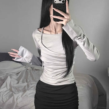 Twisted Cable Knit Wrap Shirred Square Neck Slim Fit Long Sleeve T-shirt
