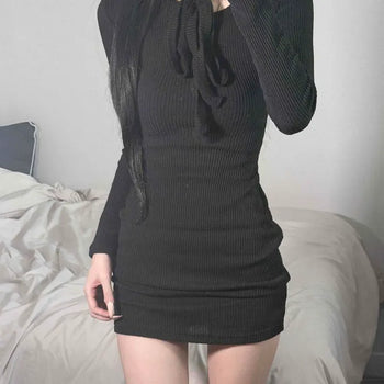 Ribbed Knit Round Neck Ribbon Tie Scarf Set Slim Fit Mini Dress