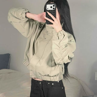 High-Neck Double-Button Balloon Shirred Elastic Double-Fabric Cropped Avant-Grip Blouson