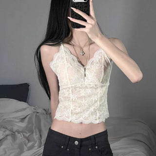 V-Neck Floral Embroidered Lace See-through Adjustable Strap Semi-Crop Sleeveless Top with Built-in Cups