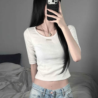 Stretchy Round Neck Slim Fit Cropped 3/4 Sleeve T-shirt
