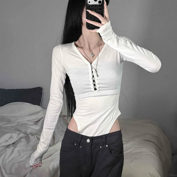V-Neck Deep Slit Hook Eyelet Slim Fit Crop Long Sleeve T-Shirt