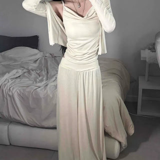 Shirred Sleeveless Cardigan with Built-in Cap and Pads, Slim Fit Long Pants, and Training Set