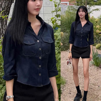 Collared Slim Fit Cinched Waist 3/4 Sleeve Pocket Denim Blouse
