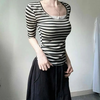 Modal Striped Delicate Fit Slim Round Neck Short Sleeve T-shirt