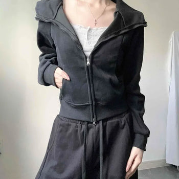 High-neck slim-fit long-sleeve cotton zip-up hoodie