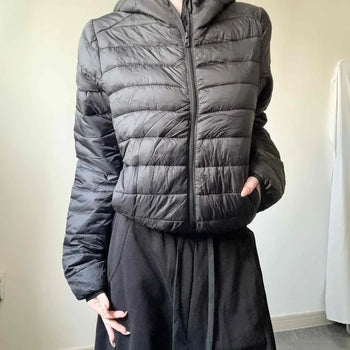 Lightweight Wellon High-Neck Hooded Short Padded Jacket