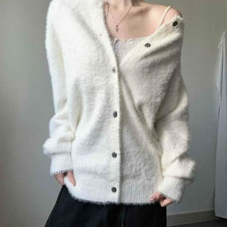 Thick Angora Wool Round Neck Button Oversized Cardigan