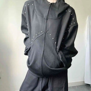 Studded High-Neck Drawstring Oversized Half-Length Zip-Up Hoodie