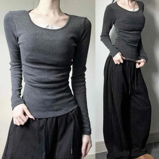 Brushed Cotton Blend Shirred Cinched Waist Slim Fit U-Neck Long Sleeve T-Shirt