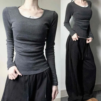Brushed Cotton Blend Shirred Cinched Waist Slim Fit U-Neck Long Sleeve T-Shirt