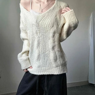 Cable Knit Button V-Neck Avant-garde Loose Fit Knit