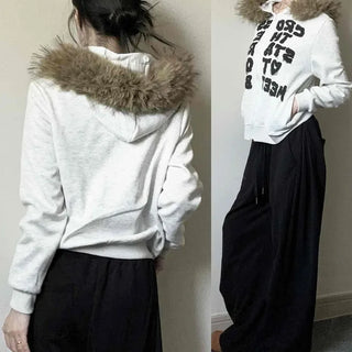 Detachable Fur Lettering Slim Fit Semi-Crop Cotton Zip-Up Hoodie