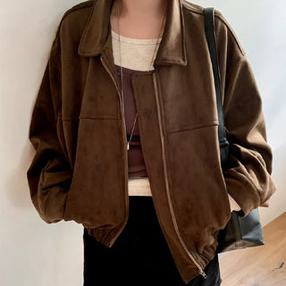 Frejet Suede Blouson Jumper Short Jacket Collared Jacket Avant-garde Fit Loose Fit Autumn Outerwear