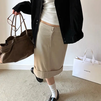 Cuff Roll-up Peach Brushed Midi Skirt