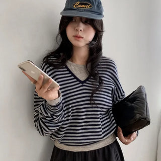 Pecan stripe wool V-neck knit layered striped long-sleeve tee wool knit long-sleeve knit autumn autumn knit