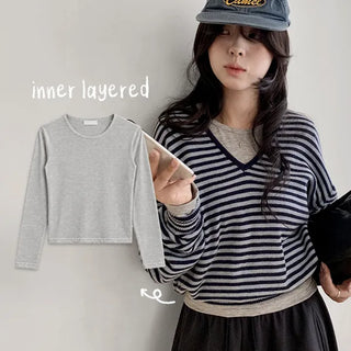 Crayon Tencel Layered Long Sleeve Tee Plain Tee Inner Tee Round Neck Crop Top Long Sleeve T-shirt Transitional Season Autumn