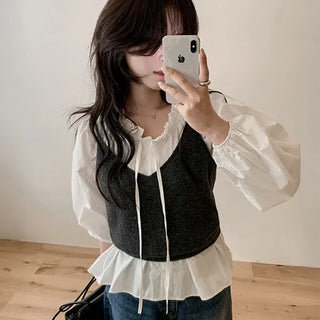 Yukomi Wool Knit Bustier V-neck Knit Vest Layered Sleeveless Strappy Autumn Winter