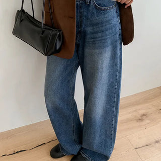 Letos Straight Wide Denim Pants Straight Straight Denim Body Shaping Washed Jeans Work Look Autumn