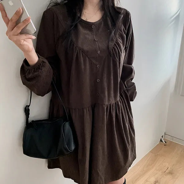 Acorn corduroy mini dress, corduroy ribbed long-sleeve blouse, mini skirt, autumn, winter