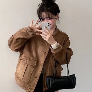 Loti Suede Blouson Jumper Short Jumper Oversized Loose Fit Big Size Bomber Jacket Autumn Autumn Outerwear
