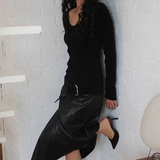 *Mature Women's Fit* Faux Leather Pleated A-Line Ribbon Midi Skirt