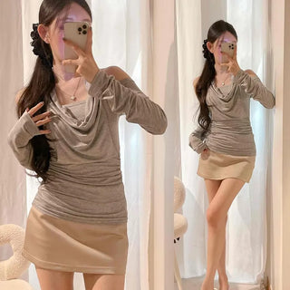 Drape Off-Shoulder Halter Neck Shirred Rayon Long Sleeve T-shirt