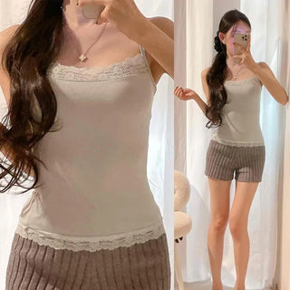 Cotton Lace Square Neck Slim Fit Strap Sleeveless Top