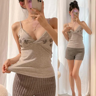 Beaded Embroidery Lace Flower V-Neck Slim Fit Cotton Strap Sleeveless Top