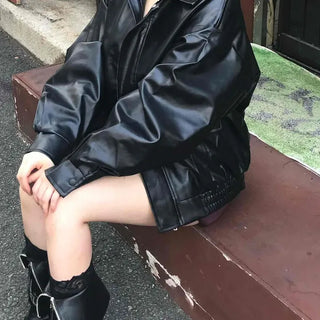 Leather Blouson Collar Oversized Elastic Zipper Pocket Cutout Jacket