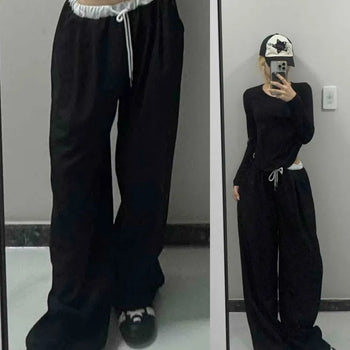 Low-Rise Elastic Waist Pintuck Contrast Flowy Wide Slacks