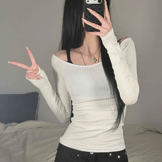 Off-shoulder Ribbed Modal Slim Fit Crop Layered Long Sleeve T-shirt