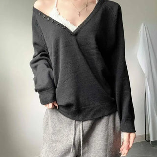 Deep V-Neck Button Loose Fit Layered Knit
