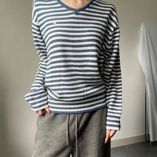 V-Neck Striped Loose Fit Knit