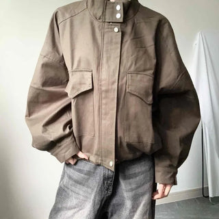 Cotton High-Neck Button Cropped Oversized Field Jacket