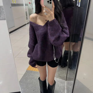 [Fluffy] Cozy Wool V-Neck Off-Shoulder Knit